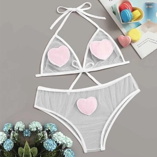 Sexy lingerie erotic Fashion Women Heart Pattern Sheer Sexy Cute Bow Bandage Lingerie Set Underwear lenceria sexi para