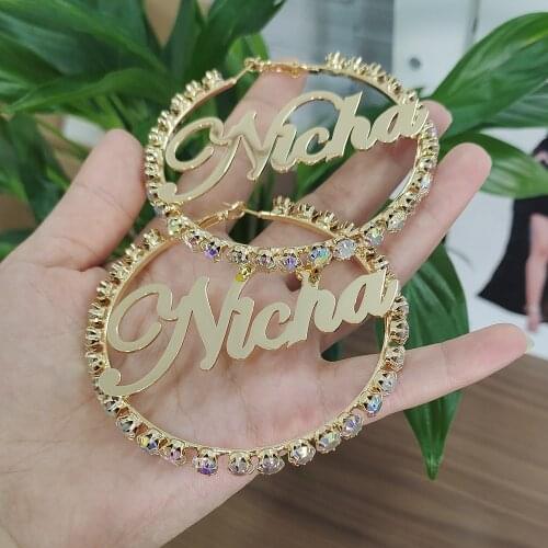 2021 Crystal Name Earrings Nameplate Custom Hoop Earring Colored Diamonds Wedding Earings Colored Stones Gold Hoop Earrings Gift