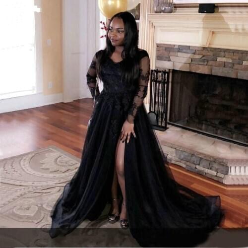 Sexy Black Girls A Line Prom Dresses Long Sleeves Off Shoulder Lace Appliqued Tulle Formal Party Dress High Side Split Formal Ev