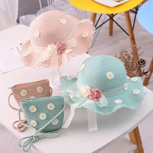 Parent-Child Sunscreen Breathable Sunhat Girls Sweet Headwear Cute Flowers Kids Beach Cap For Women Straw Fashion Hat Handbag