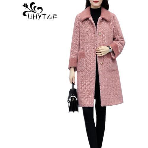 UHYTGF Winter 5XL Plus size Women Cashmere Coat Fashion Europen Female Overcoat Gold velvet Woolen jacket Women Woolen Coat X681