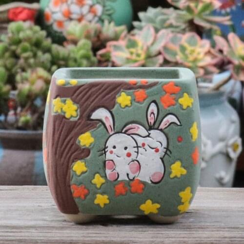 Korean Cute Rabbit Succulent Ceramic Flower Pot Creative Retro Hand Painted Desktop Green Plant Flowerpot Home Balcony Garden