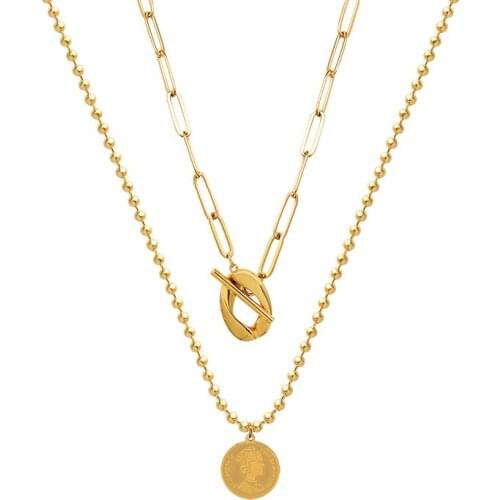 Vintage Portrait Coin Pendant Necklace For Women Layered Stainless Steel Square Beads Chain Choker Collar Necklace Jewelry Gift