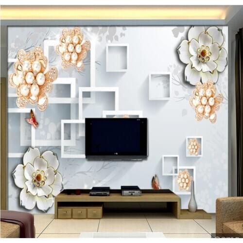 Pearl flower butterfly romantic beautiful European 3D TV background wall custom wallpaper 8D waterproof wall covering