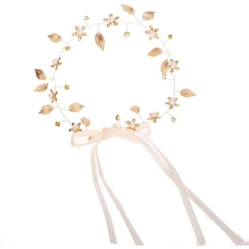 Ladies Romantic Metallic Gold Leaves Flower Headband Wedding Bridal Imitation Pearl Rhinestone Hair Hoop Lace Up Ribbon C1FE