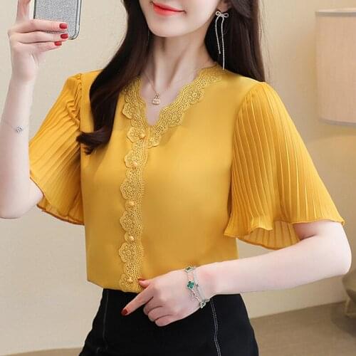 2021 Summer White Blouse Loose New Chiffon Shirt Flared Sleeve Lace Shirt V-neck Casual Solid Blouse Plus Size S-3XL 14176