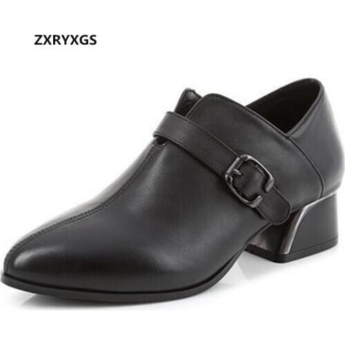 2020 Autumn Top Cowhide Genuine Leather Shoes Women High Heel Shoes Large Size Belt Buckle Comfortable Soft Bottom Women Shoes