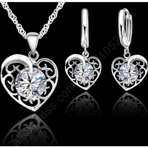 Love Sweet Fashion Jewllry Necklace Drop Earrings 925 Sterling Silver Engagement Cubic Zirconia Jewelery Set for Women Girl