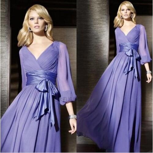 Robe de soiree fashion abendkleider long sleeve bow belt chiffon vestido de festa party gown evening mother of the bride dresses