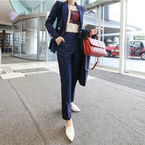 2020 New Year Modis Formal OL Work Office 2 Piece Set Women Print Striped Blue Suit and Sheath Pants Ladies Floral Two Piece Set