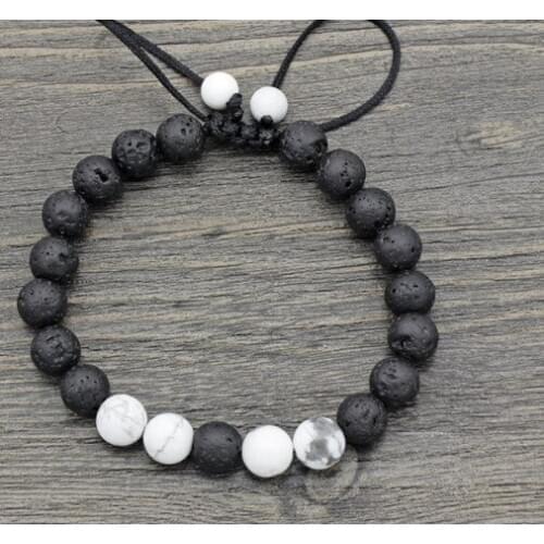 8mm bn434 adjusted Charm nature bead white Howlite black volcanic lava stone Bracelet women men gift Buddha Yoga