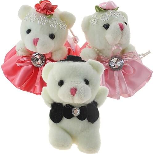 9cm Mini Teddy Bear Stuffed Plush Toy Diamond Female Bear with Dress Kids Small Gift Pendant Dolls for Party Wedding Decoration