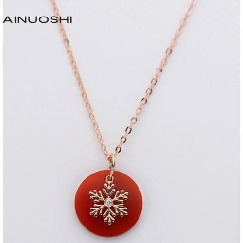 AINUOSHI 18K Rose Gold 0.006ct Real Diamond Red Agate Snowflakes Contrast Pendant Necklace For Women Engagement Jewelry 18