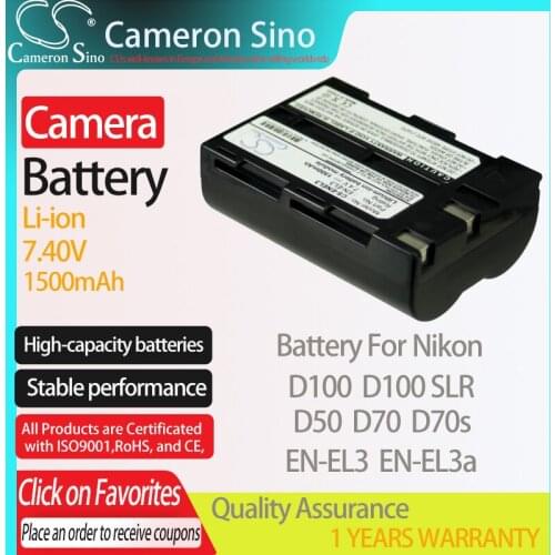 CameronSino Battery for Nikon D100 D100 SLR D50 D70 D70s fits Nikon EN-EL3 EN-EL3a Digital camera Batteries 1300mAh 7.40V Li-ion