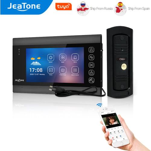 Jeatone WiFi Tuya 7''Black Video Door Phone Intercom System with 720P/AHD Wired Doorbell Camera Remote Unlock Motion Detection