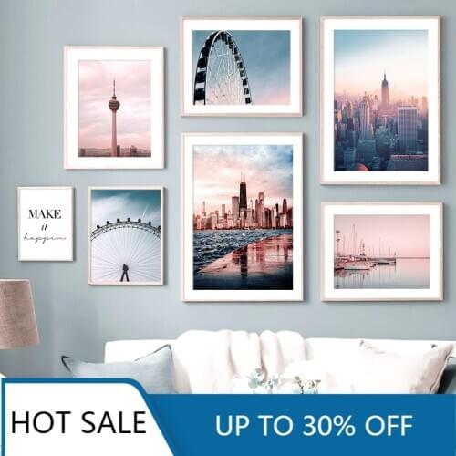 Ferris Wheel Cruise Ship City Landscape Wall Art Canvas Painting Posters Nordic Pink Blue Sky Pictures Home Decoration Accessori