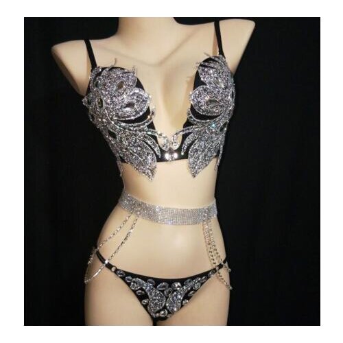 Fashion Bright Bikini Rhinestones Bra Low Waist Short Underwear Sequins Dance Wear Two Piece Set Womens Dress Dance Costume