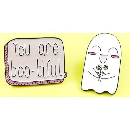 Cartoon white Ghost Brooch Pink Banner You are boo-tiful Happy Ghost Badges Enamel Pins Lapel Pins Badge Jewelry brosa Bijoux