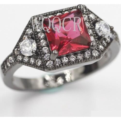 Black Gold Rhinestone Princess-cut Green/blue/red/transparent CZ Wedding Engagement Ring Bridal Ring Size 7-9