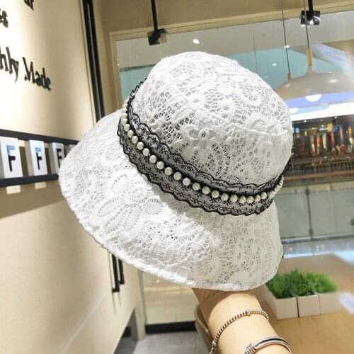 Fashion Pearl Lace Bucket Fisherman Hat For Women Female Retro Breathable Summer Sunscreen Beach Sun Hats Spring Wedding