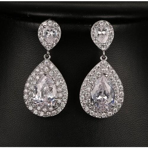 Emmaya Luxury Double Layer Halo Micro Pave CZ simulated Twin Tear Drop Sparking Zircon Wedding Earrings For Women