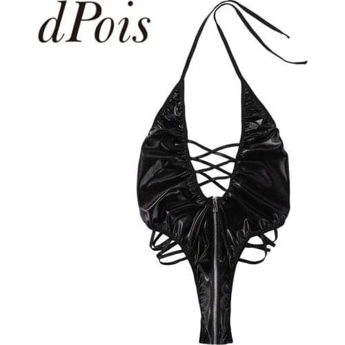 Sexy Women Wetlook Faux Leather Hot One-piece Plunging V Chest Halter Backless Lace-up High Cut Legs Thong Bodysuit Lingerie