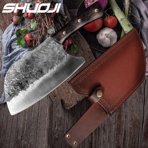 SHUOJI Handmade Forged Kitchen Knife 5Cr15mov Handmade Butcher Knife 8 Inch Sharp Blade Wood Handle Chef Cleaver Knife Shearh