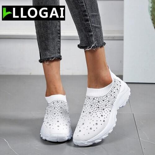 LLOGAI crystal Slip on Female Sports Shoes Breathable Mesh Casual Wedges Rubber Platform Shoes Women Vulcanized Shoes Woman 2021