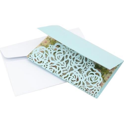 Light blue laser cut flower trifold wedding invitation card with envelope