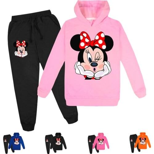 Disney Cartoon Minnie Printing Hoodies Set Long Sleeve Cotton Casual Girls Clothes Set Sport Outfits Kawaii Hooded Pullover