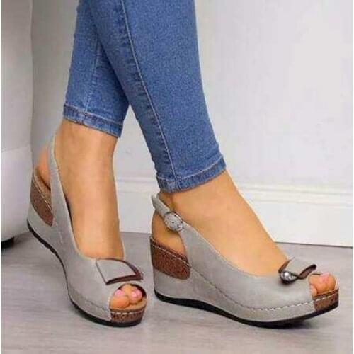 2021 new slope heel high heel fish mouth buckle belt retro slope heel summer women casual sewing comfortable ladies sandals