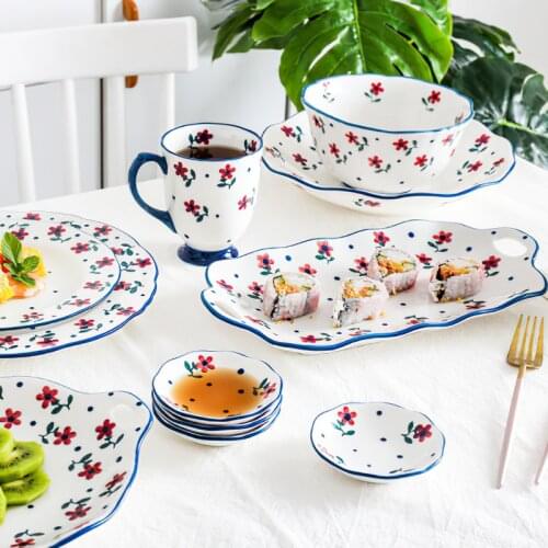 Japanese Small Red Flower Ceramic Tableware Set Household Kitchen Supplies Bone China Plate Dish Mug Spoon Single Product Outfit