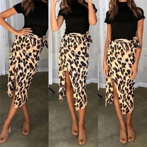 D55E Women Sexy Belted High Waist Midi Long Wrap Skirt Boho Vintage Leopard Print Asymmetric Split Summer Cocktail Party Pencil
