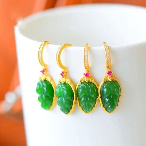 Green Natural Hetian Jade Spinach Green Jasper Leaf Earrings Elegant All-Match Super Fairy Earrings for Wome
