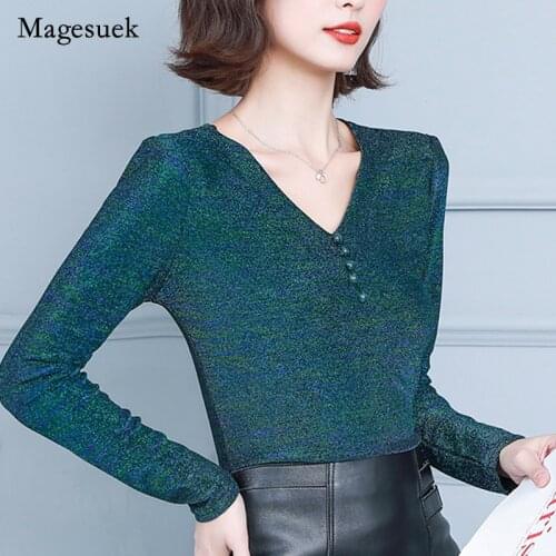 2021 Autumn Winter Women Fashion Long Sleeve T-shirt V-neck Long Sleeve Blouse with Pearl Sexy Elegant Slim Tops Blusas 16731