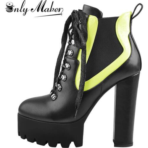 Onlymaker Womens Fashion Chunky High Heel Platform Ankle Boots Lace Up Round Toe Thick Booties Plus Size US5~US15 For Autumn