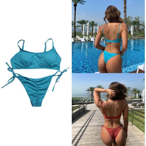 Meihuida Womens Sexy Two Piece Bikini Suits Fashion Solid Color Camisole and Lace-Up Low Waist Trunks