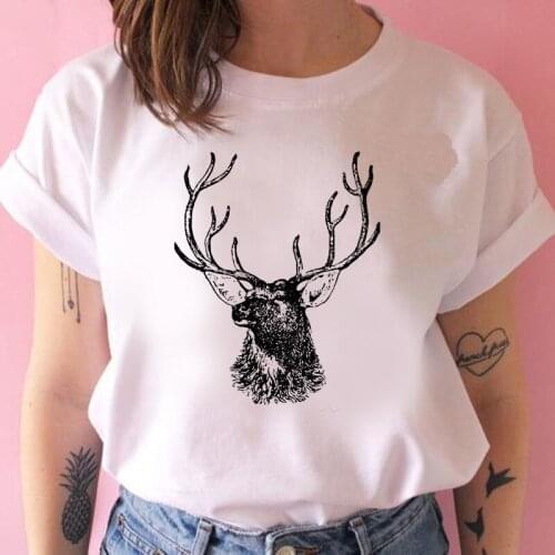 Women Graphic tees tops Cartoon Sika deer head print tshirt white Tops casual short Camisetas Mujer_T-Shirt funny tshirt