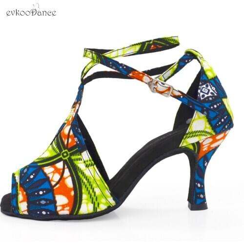 Evkoodance Africa Fashioned Colored 7cm Heels Open Toe Ankle Strap Tango Sandal Shoes Latin Salsa Ballroom Dance Shoes Women