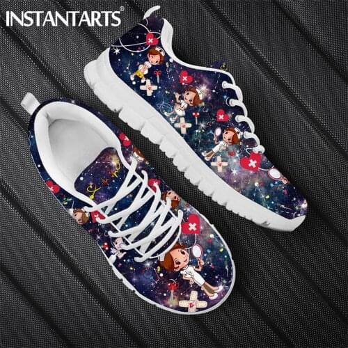 INSTANTARTS Casual Mesh Sneaker Nurse Shoes Women Flat Multicolor Galaxy Star Space Doctor Medical Print Ladies Lace Up Footwear