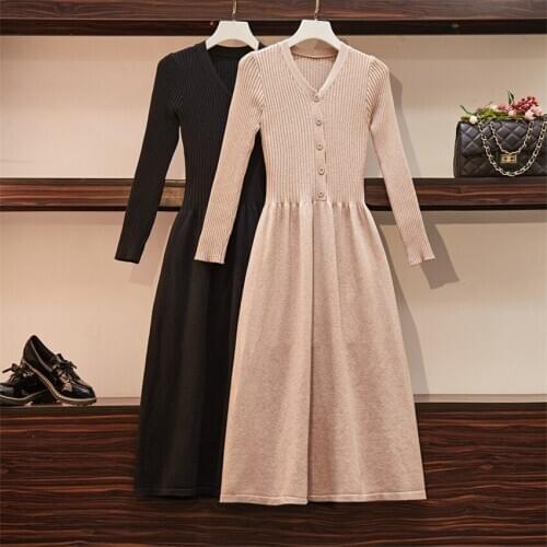 Spring Women High Waist Knitted Dresses Winter Fashion Big Size Lady V-neck Knitting Dress Loose Dress Vestidos Bottomings 1104