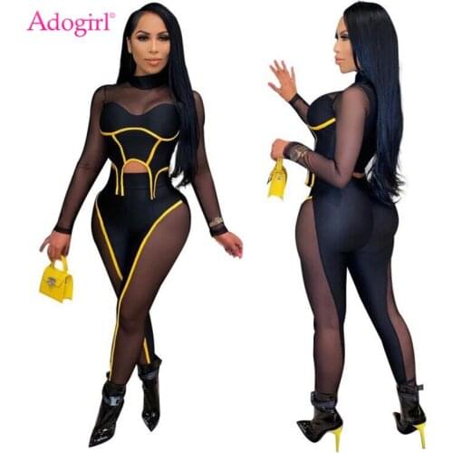 Adogirl Sheer Mesh Color Patchwork Women Sexy Two Piece Set Long Sleeve Asymmetrical Crop Top Pencil Pants Fashion Club Suit