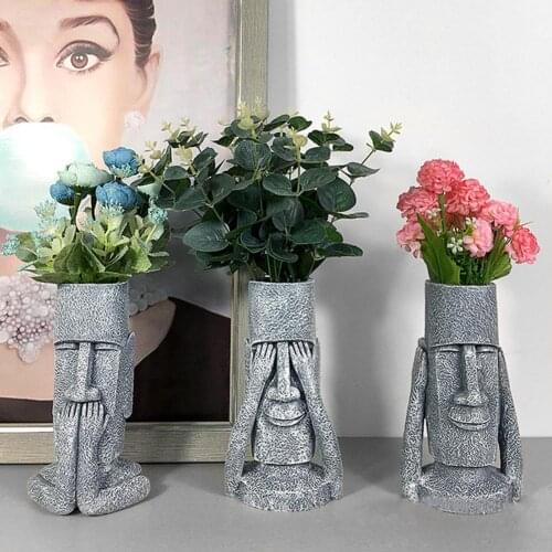 Easter Island Stone Statue Flower Pot Resin Planter Pot Ornament Decoration See Hear Speak Resin Sculpture For Garden Decoration