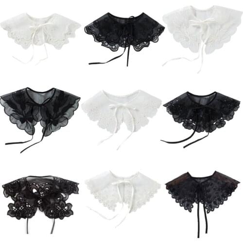 European Style Women Girls Chiffon Lace Fake False Collar Decorative Double Layer Floral Embroidery Choker Blouse Shawl Au11 21