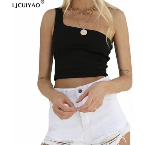 LJCUIYAO Sleeveless Summer White Womens Sports Tank One Shoulder Crop Tops Tees Fashion Fitness Mini Vest High Street Clothes