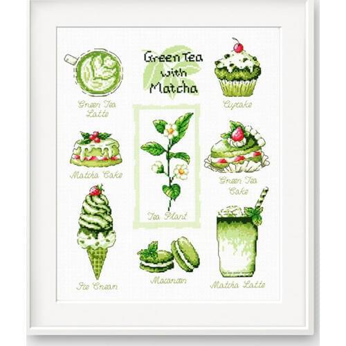 Green Tea and Cake Cartoon Counted cross stitch kit 14ct 11ct printed fabric embroidery DIY needlework cotton threads FishXX