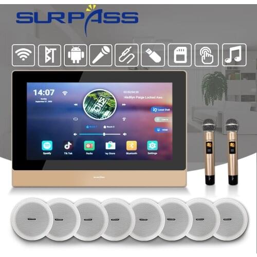 Stereo Touch Screen In Wall Amplifier Bluetooth WiFi Android 8.1 PA Ceiling Speaker Home Theater System with Wireless Mic Audio