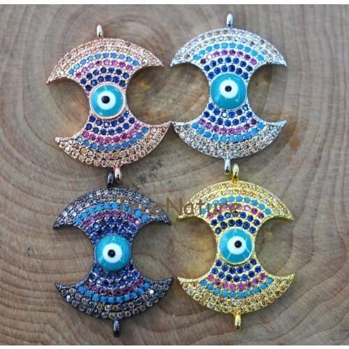 Lovely Double Axes Charm Colorful Zircon Paved Connector Turquoises Evil Eye Jewelry Findings In 25.9*18.5 mm PC6777