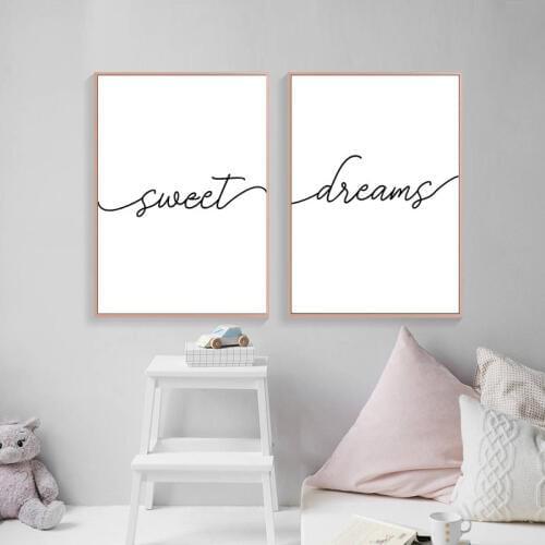 Sweet Dreams Print Poster Children Bedroom Decor, Modern Black White Minimalist Canvas Painting English Quote Prints HD2447