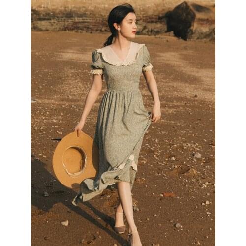 Summer Victorian Retro Dress Ruffled V-neck Chic Floral Elegant Puff Sleeve French Gentle Party Dress Vestidos